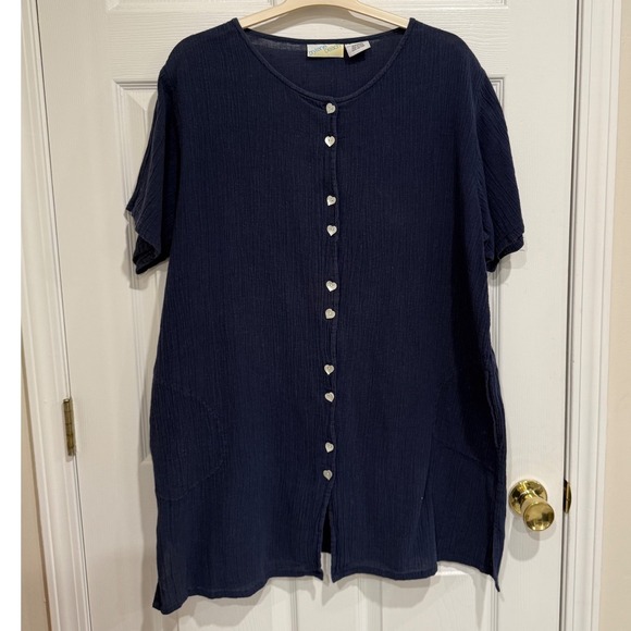 Brylane Beach Other - Brylane Beach Navy Blue Cotton Crinkle Gauze Heart Button Cover Up Dress Large